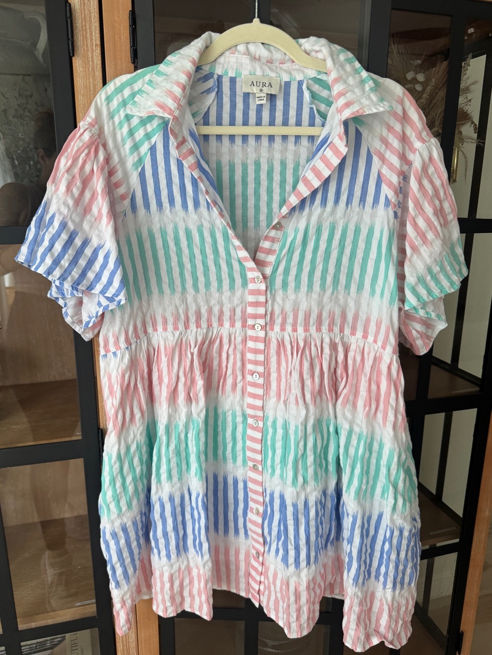 AURA Striped pastel babydoll shirt dress mini button down pockets collar short